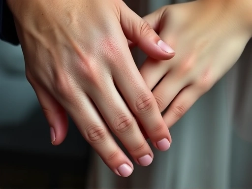 A close-up of two hands, one gently resting on another, with subtle emotional cues that could be interpreted as either platonic comfort or romantic tenderness, highlighting the nuanced distinction between friendship and romantic feelings.