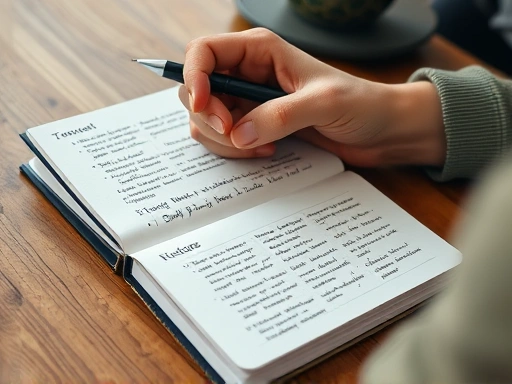Close-up of a person's hands holding a journaling pen and a notebook, filled with thoughtful reflections and self-improvement plans, on a wooden desk.