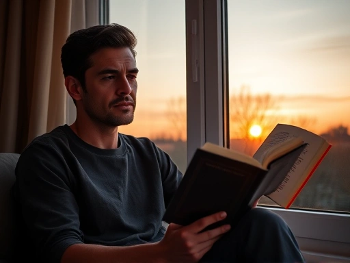 A person, with a determined yet peaceful expression, sitting by a window at sunset, reading a self-help book. Focus on themes of personal growth and healing after an emotional challenge.