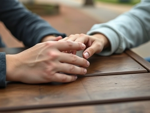 A close-up shot of two people's hands casually touching on a table, one hand perhaps slightly withdrawn, in a relaxed, natural setting like a park bench or a library table. The image suggests a subtle, gentle connection evolving between individuals who might be introverted, emphasizing 