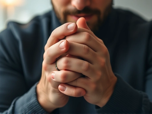 Close-up of a man's hands clasped, showing reflection and commitment to change, with subtle hints of growth and effort in the background, symbolising post-apology actions.