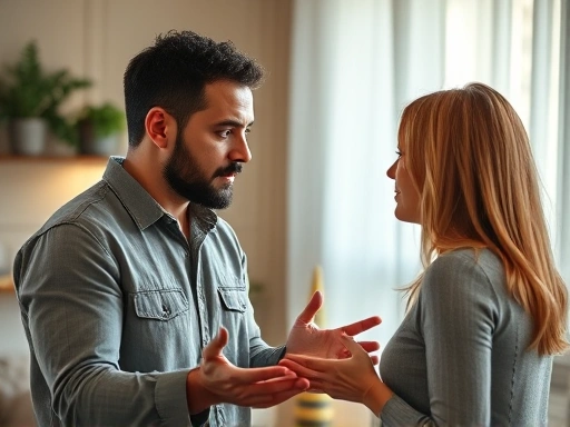 A man expressing a sincere apology to a woman, with open body language and genuine remorse in his eyes, soft lighting, emotional connection, focused on understanding and empathy.