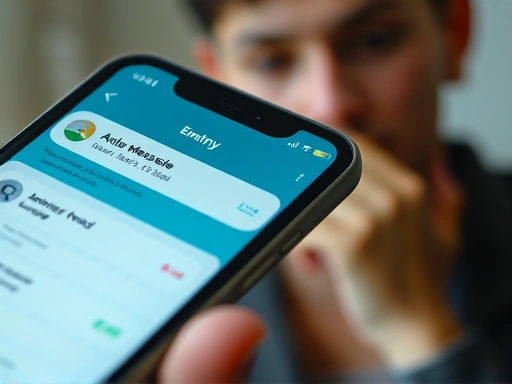 Close-up of a smartphone screen showing an empty message thread or no new notifications, with a blurred background of a thoughtful person, focusing on unanswered calls and communication issues.