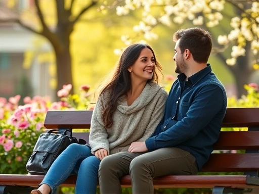 A hopeful couple sitting on a park bench, looking at each other with warm smiles, surrounded by soft lighting and blooming flowers, symbolizing the transition from friendship to romantic relationship.