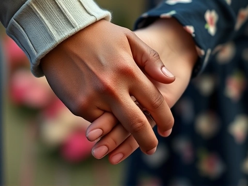 Close-up of two hands gently touching, conveying intimacy and connection, with blurred romantic background, symbolizing trust and emotional bond.