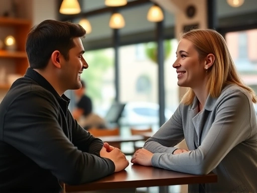 A man and woman engaging in a friendly conversation, with subtle non-verbal cues like eye contact, open posture, and genuine smiles, in a cozy cafe setting, highlighting connection and rapport.