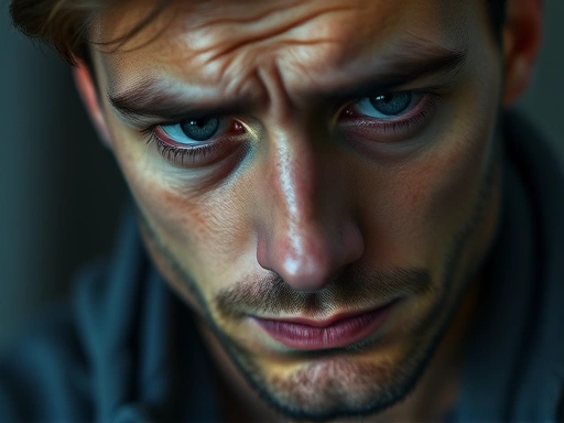 Close-up of a man's face, looking contemplative and somewhat sad, with a subtle hint of emotional detachment, reflecting the inner thoughts of someone considering a breakup.