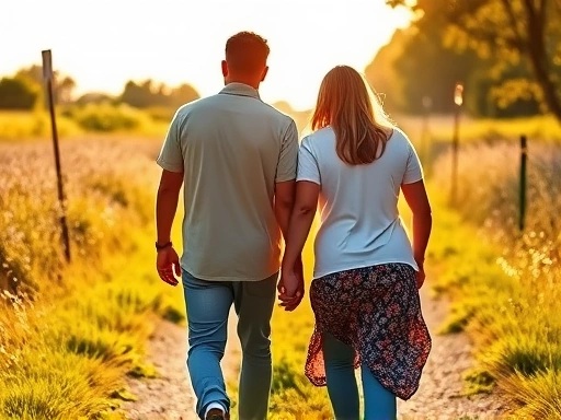 A diverse couple holding hands, walking on a sunlit path, symbolizing both deep connection and ease, with elements of trust and comfort.