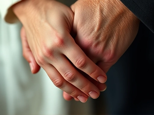 Close-up of two hands gently intertwined, one hand slightly older, showing depth, intimacy, and a sense of calm, representing the complex layers of relationship dynamics.