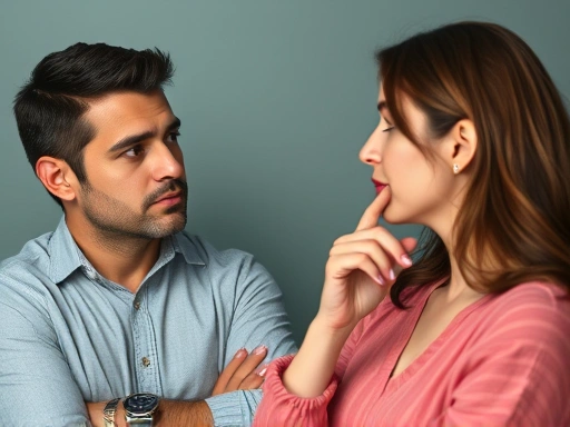 A man thoughtfully observing a woman who seems to be playing hard to get, with a calm and understanding expression, surrounded by subtle hints of relationship dynamics. Focus on thoughtful posture and clear emotions.