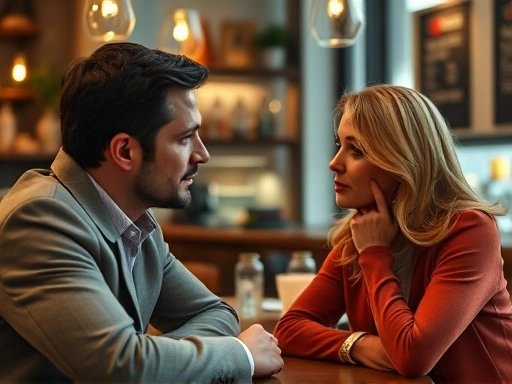 A man and a woman engaged in a thoughtful conversation in a cozy cafe, focusing on their expressions and body language, conveying deep understanding and connection. Understanding women's feelings.