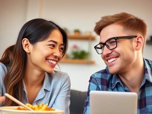 Close-up of two individuals on separate screens, smiling and interacting during a virtual date, with elements like shared cooking or online game on their screens, conveying connection.