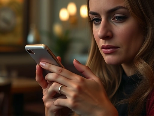 Close-up of a woman's hand holding a phone, with her eyes slightly averted and a neutral expression, subtly conveying disinterest during a conversation, in a dimly lit, cozy cafe, focus on subtle cues.