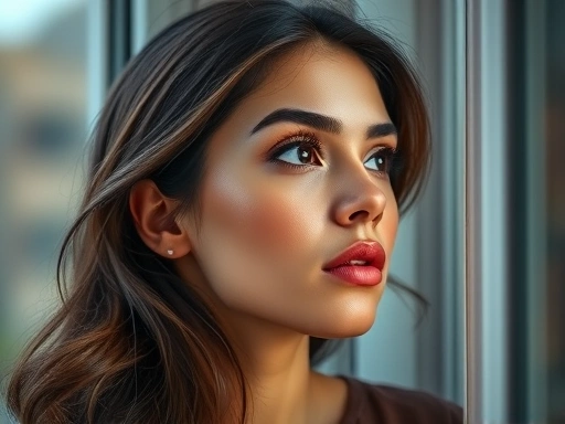 A close-up of a woman looking thoughtfully out a window, reflecting on personal growth and inner strength, symbolizing self-awareness and self-esteem protection in relationships.