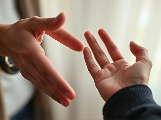 A close-up shot of two hands, one gently reaching out to touch the other, but the other hand is subtly pulling away, symbolizing the avoidance of shared time and the growing physical and emotional distance in a relationship. The focus is on the hands and the subtle gesture of withdrawal, with a soft, melancholic background.