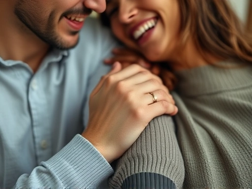 Close-up of a woman's hand gently touching a man's arm during a laugh, subtle and warm interaction, focus on hands and facial expressions.