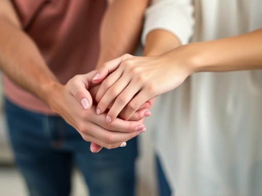 Close-up of a young couple's hands clasped together, symbolizing their strong bond and mutual support while facing challenges, with a blurred background of a living room.