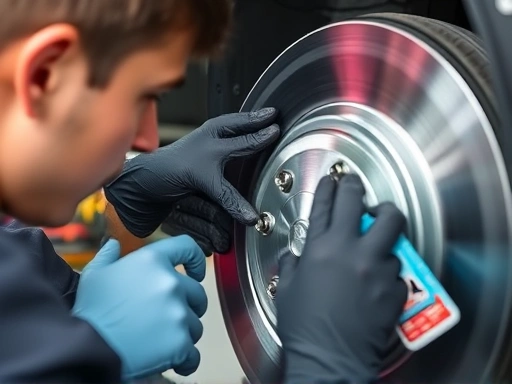 A skilled mechanic wearing gloves carefully cleaning an ABS sensor near a car wheel, with brake cleaner spray and tools visible, in a well-lit auto repair shop, focused on precision and maintenance.