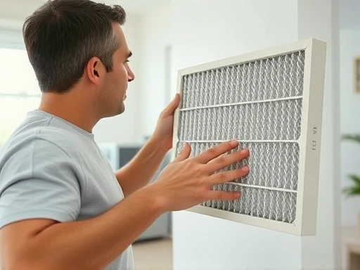 A clean, well-maintained home environment, with a person inspecting a sparkling clean air filter, illustrating improved indoor air quality and efficiency. Focus on a bright, airy room with natural light, possibly with a visible HVAC unit or air purifier.