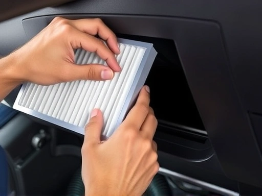 Close-up of a person carefully inserting a new, clean air filter into an HVAC unit or car engine compartment, showing proper alignment and attention to detail. Emphasize hands, the filter, and the specific mechanism for replacement.