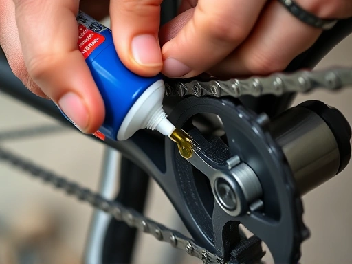 Close-up shot of hands carefully applying lubricant to a bicycle chain, showing the oil dripping onto the links, with a clean, well-maintained chain background.