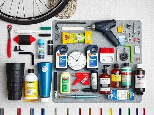 A neatly arranged flat lay of various bicycle chain cleaning tools and supplies, including brushes, degreasers, and lubricants on a clean workshop surface, with a bicycle chain visible.