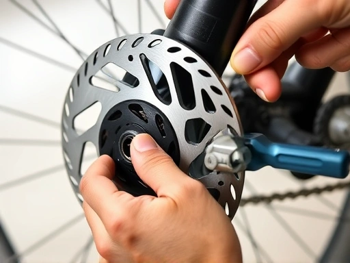 A detailed, clear shot of a person's hands performing maintenance on a bicycle's double disc brake, showing the caliper and rotor, with appropriate tools like a hex wrench. Emphasize focus and precision in the maintenance process.
