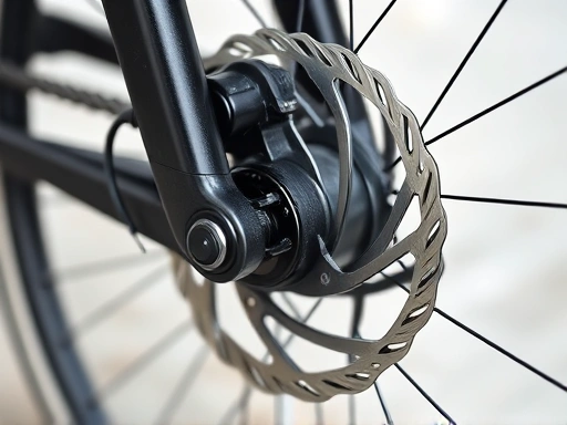 A close-up, high-detail shot of a bicycle's disc brake caliper, focusing on the brake pads and the rotor within, highlighting the intricate mechanics. The background should be blurred to keep the brake components as the central focus.