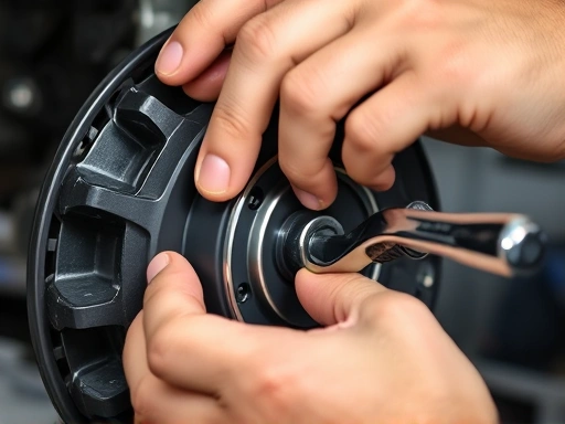 Close-up of a mechanic's hands carefully disassembling a brake caliper, showing the piston and seals, with focus on the intricate mechanical parts and a wrench.
