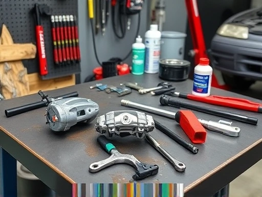 A professional mechanic's workbench with various brake caliper overhaul tools neatly laid out, including a caliper, brake fluid, and cleaning supplies, in a garage setting, clean and organized.