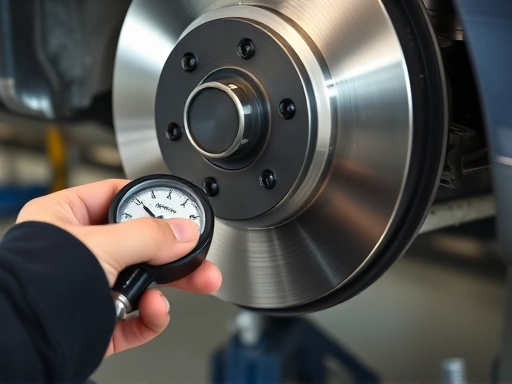 Close-up of a mechanic or car owner using a dial gauge to measure brake disc runout on a car lifted on a jack. Clear, technical shot.