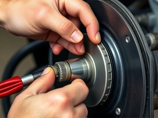 Close-up detail of a mechanic's hands adjusting a proportioning valve on a vehicle's brake line, with tools and a focus on the specific component.