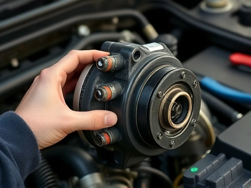 A close-up shot of a mechanic's hands inspecting a brake booster in an engine bay, highlighting the vacuum hose connection and the general condition of the component, with tools visible. Automotive repair, car maintenance, professional, detail. 