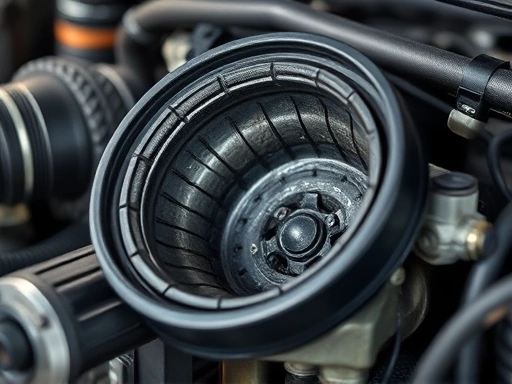 A detailed shot of a car engine's combustion chamber with visible carbon deposits, illustrating the problem of carbon buildup and the need for engine cleaning. The scene is a workshop setting.