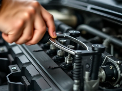 Close-up shot of a mechanic performing engine cleaning, specifically using a specialized tool for carbon removal from the intake valves. Focus on the precision and technical aspect of the process, highlighting car maintenance and engine health.