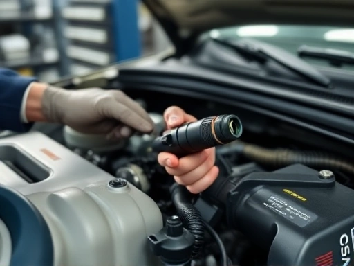A detailed, close-up shot of a car engine's fuel injector being inspected by a mechanic, with diagnostic tools visible and a clean, well-lit workshop background. Keywords: fuel injector, car engine, mechanic, maintenance, diagnostic tools.