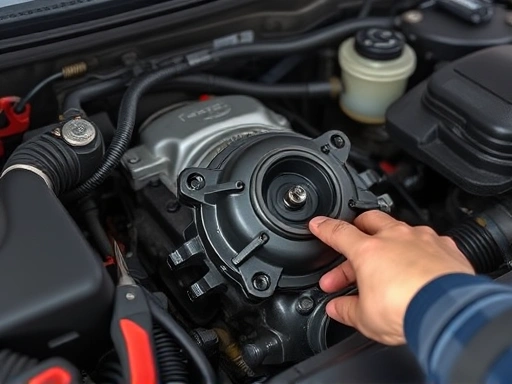 A detailed shot inside a car's engine bay, focusing on an engine mount during an inspection process. The scene shows tools and a mechanic's hand, highlighting the importance of thorough vehicle maintenance. Include keywords like 