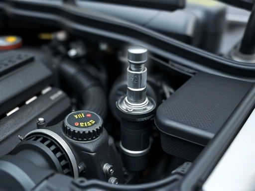 A detailed image showing a car's engine bay, with a focus on the engine oil dipstick and filler cap, symbolizing regular vehicle maintenance and engine health. The scene is brightly lit, clean, and highlights the precision of car care.