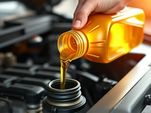 A close-up shot of a mechanic's hands pouring fresh, golden engine oil into a car's engine, with a clear focus on the oil bottle and the engine's oil filler, emphasizing the quality and importance of the oil change process.