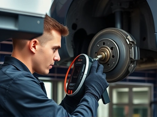 A professional car mechanic is replacing brake fluid using specialized equipment. The mechanic is focused, wearing gloves, and the scene shows car lifted with wheels off, brake caliper visible, emphasizing brake fluid service.