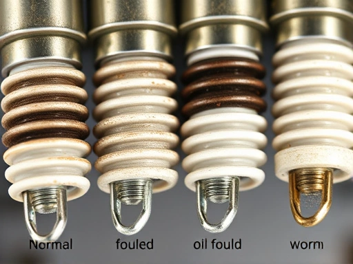 A close-up, macro shot of different spark plug electrodes, showing various states of wear and fouling (normal, carbon fouled, oil fouled, worn), emphasizing inspection and replacement indicators.