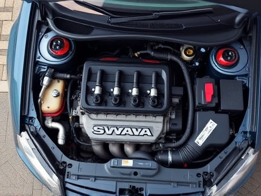 A detailed top-down view of an open car engine compartment, highlighting spark plugs and ignition coils, with a toolkit nearby, representing car maintenance and DIY repair.