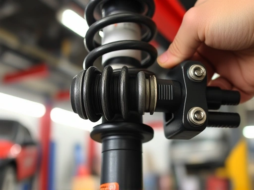 Close-up view of a progressive spring being carefully installed onto a shock absorber using a spring compressor, highlighting the spring's unique coil spacing and the secure attachment of the tool, in a well-lit car workshop.