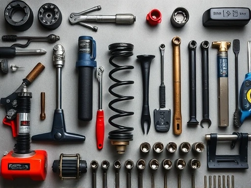 A detailed flat lay of various car suspension tools including a torque wrench, spring compressor, jack stands, and socket sets, with a focus on organization and readiness for a DIY project, bright workshop lighting.