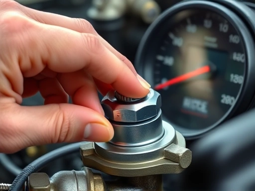 Detailed shot of a hand adjusting a carburetor's idle screw or air-fuel mixture screw on a running engine, with a tachometer visible in the background, focusing on precision.
