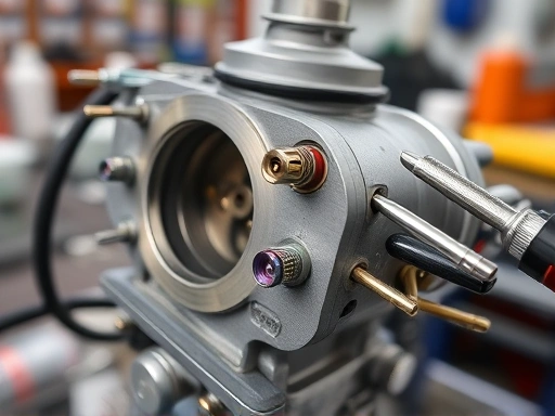 Close-up view of a disassembled carburetor with various cleaning tools, highlighting the jets and internal passages, in a clean workshop setting.