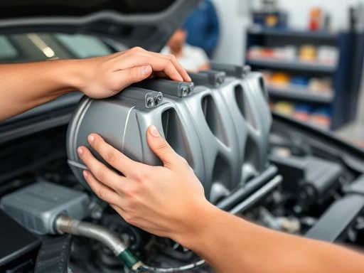 A skilled mechanic's hands carefully reinstalling a newly cleaned and shiny car engine intake manifold, with a bright, organized workshop background, highlighting the precision and professionalism of the maintenance process.