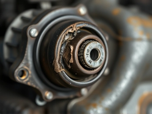 A close-up, high-detail shot of a worn and cracked engine mount, clearly showing signs of degradation and fluid leakage. The background is slightly blurred to emphasize the damaged part. Include keywords like 