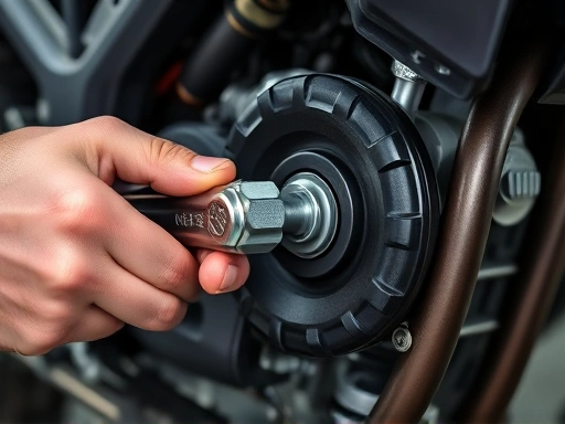 Close-up shot of a mechanic's hands precisely using a torque wrench on a motorcycle engine bolt, highlighting attention to detail and professional tools.