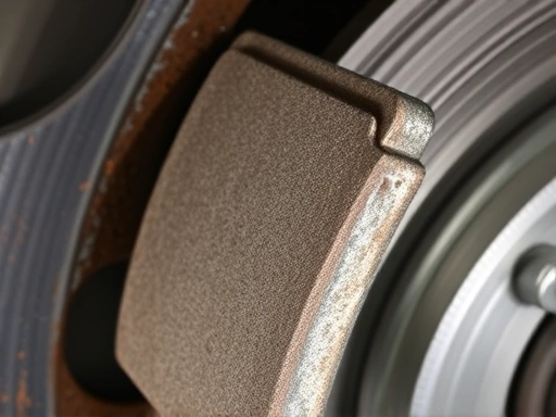 A close-up shot of a severely worn car brake pad, clearly showing the thin friction material and potentially a visible wear indicator, next to a rusty or grooved brake disc, highlighting brake pad replacement and wear signs.